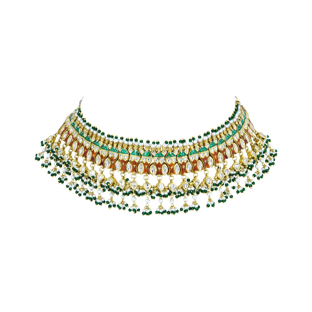 Red-Green Enamel Polki Choker with Green Beads and Pearl Clusters